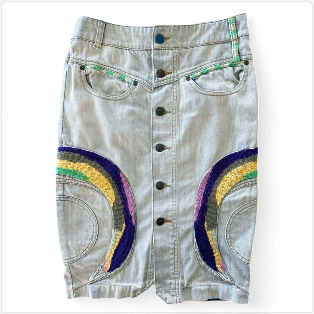 Oilily Light Faded Denim Button Front Embroidered Tornado Pencil Skirt 32